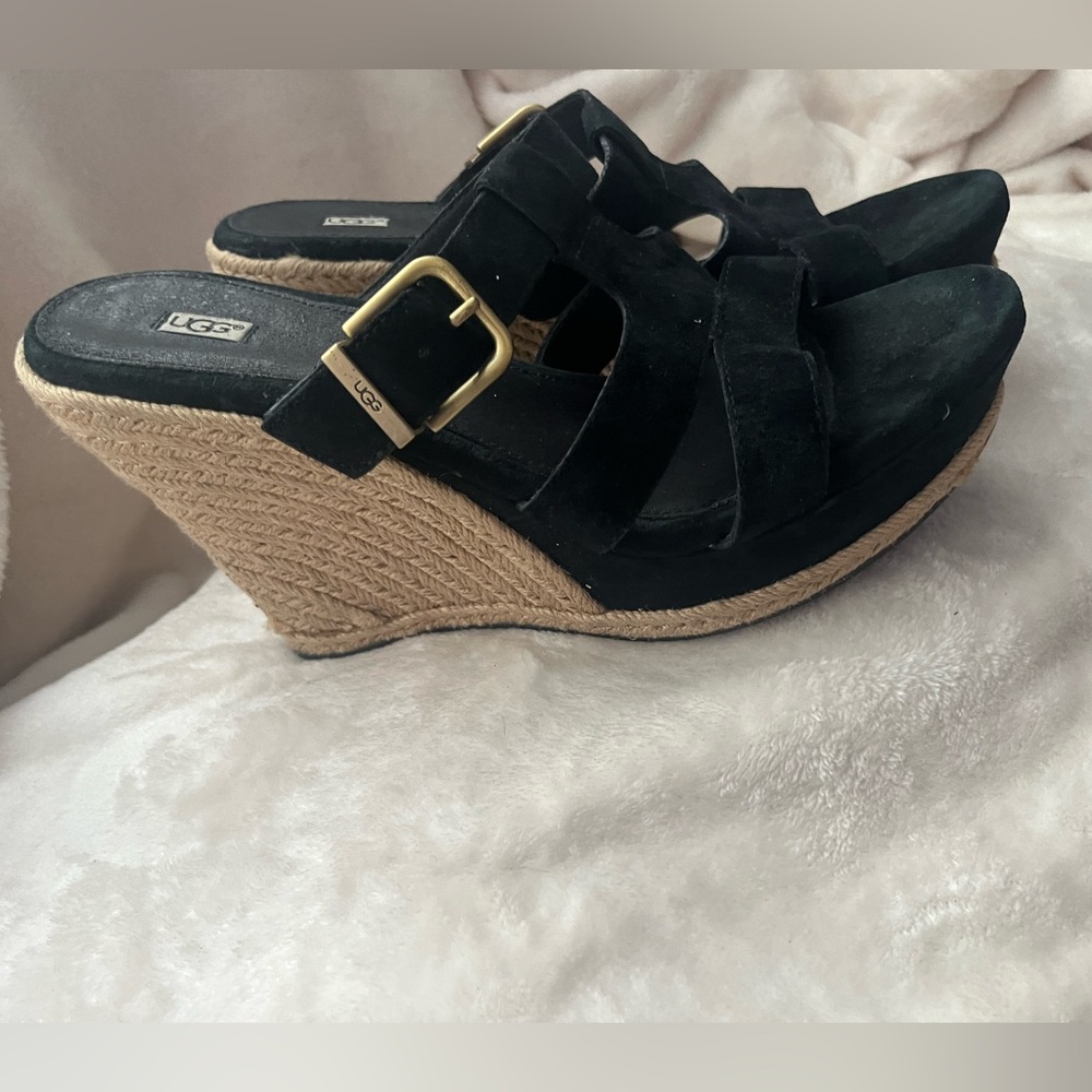 UGG Black Wedge Suede Sandals with Strappy Design